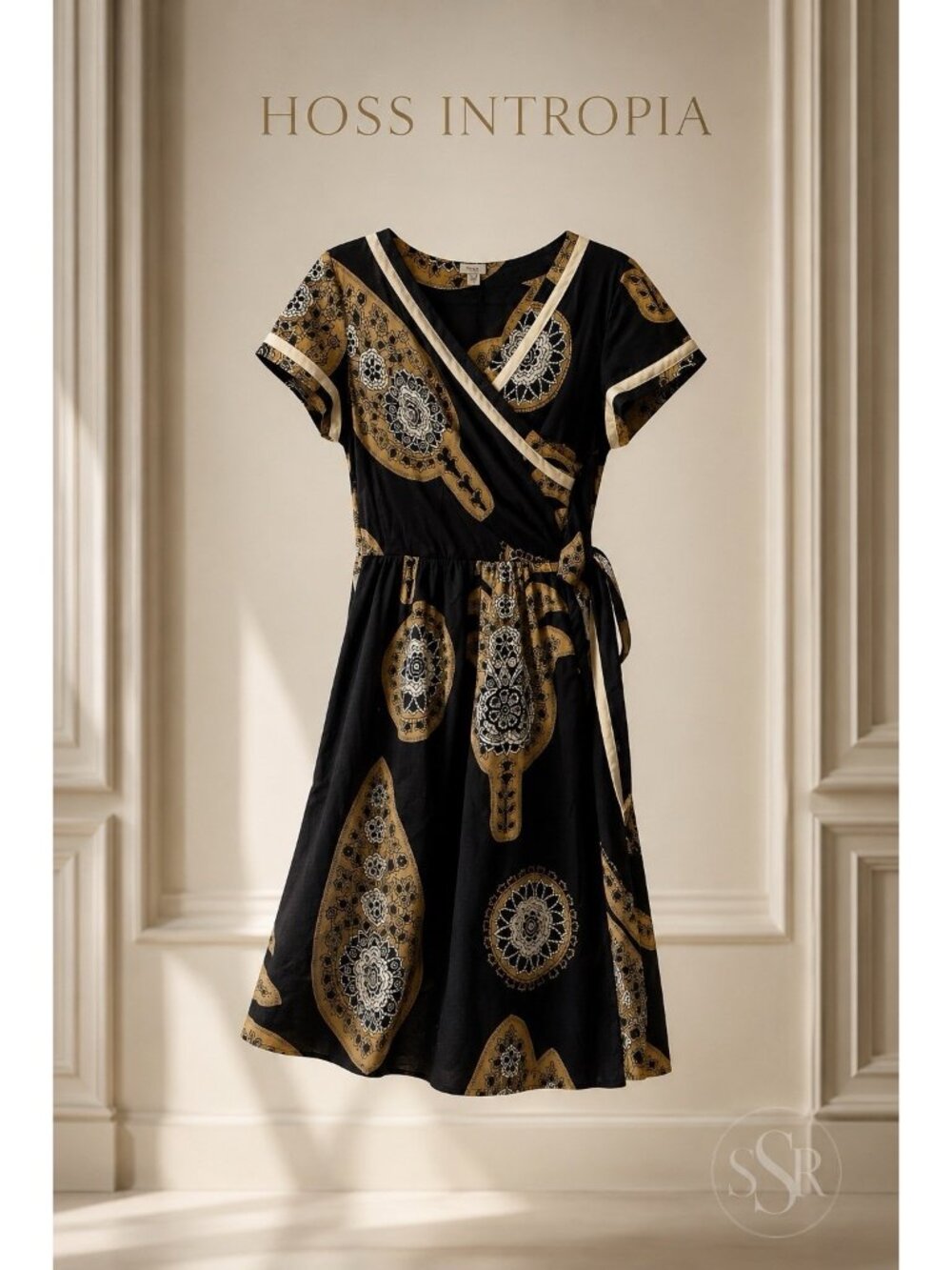 Vintage Hoss Intropia Cotton Wrap Dress EU 40 Black Beige Geometric Medallion 4